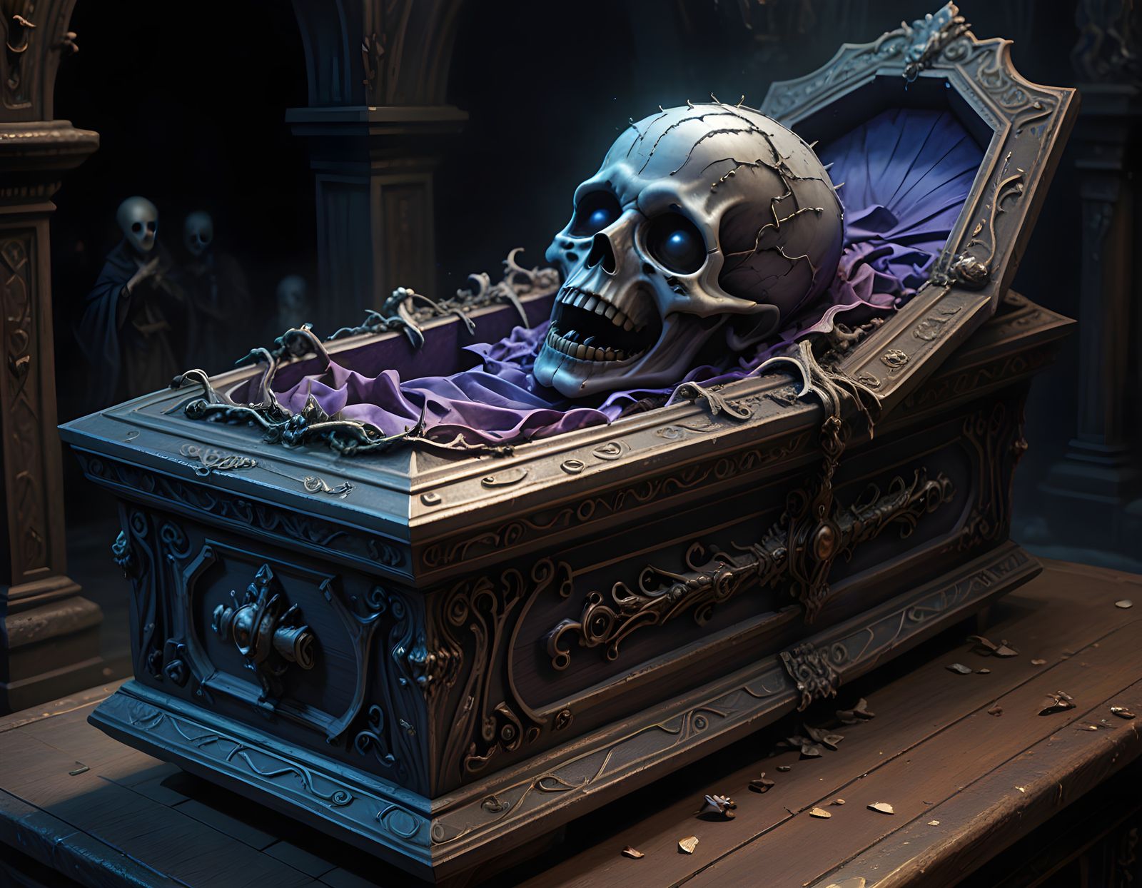 Chibi Ghost Boy Emerges from Coffin in Gothicpunk Splendor