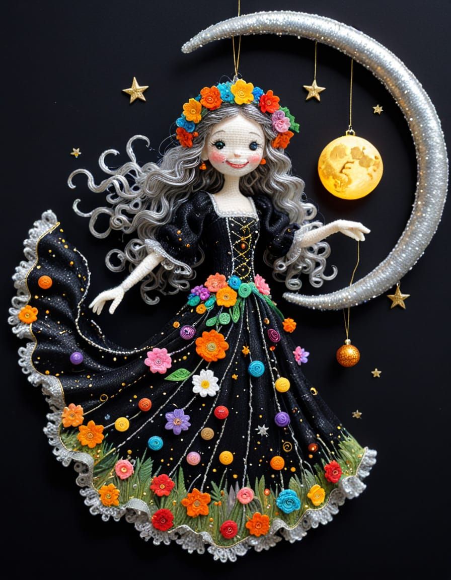 Klimt-Inspired Crochet Witch with Cosmic Christmas Decor