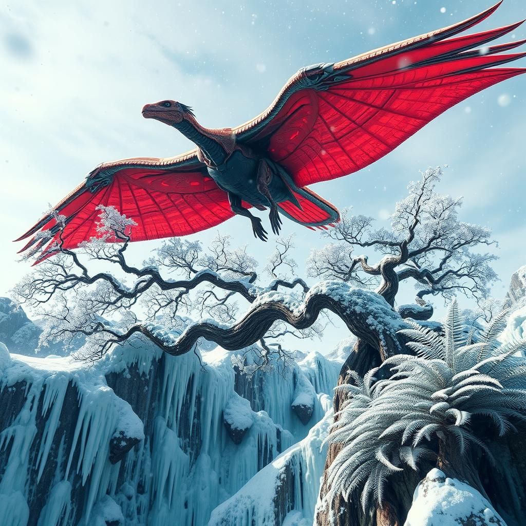 Mechanical Pterodactyl Over Frozen Bonsai Tree