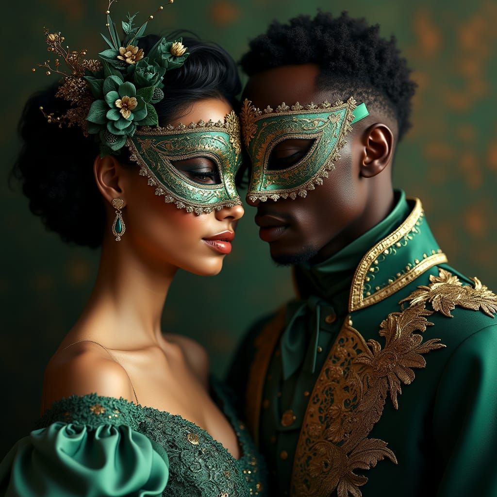 Elegant Black Couple Dance in Jade and Gold Masquerade Masks