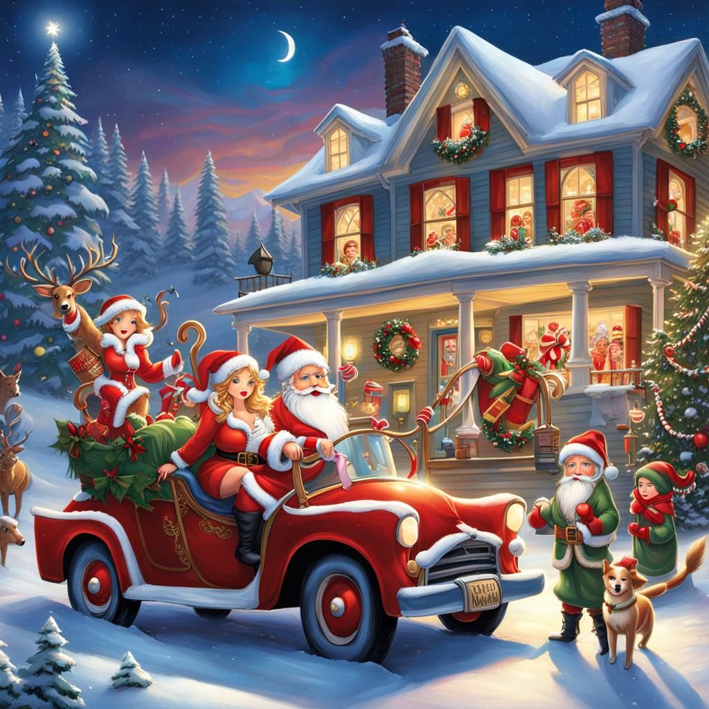 Christmas Divas at North Pole in Kinkade Style