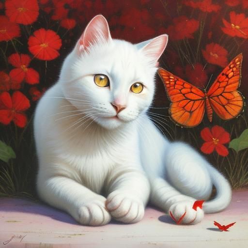 White Cat and Butterfly in Oil Painting Style