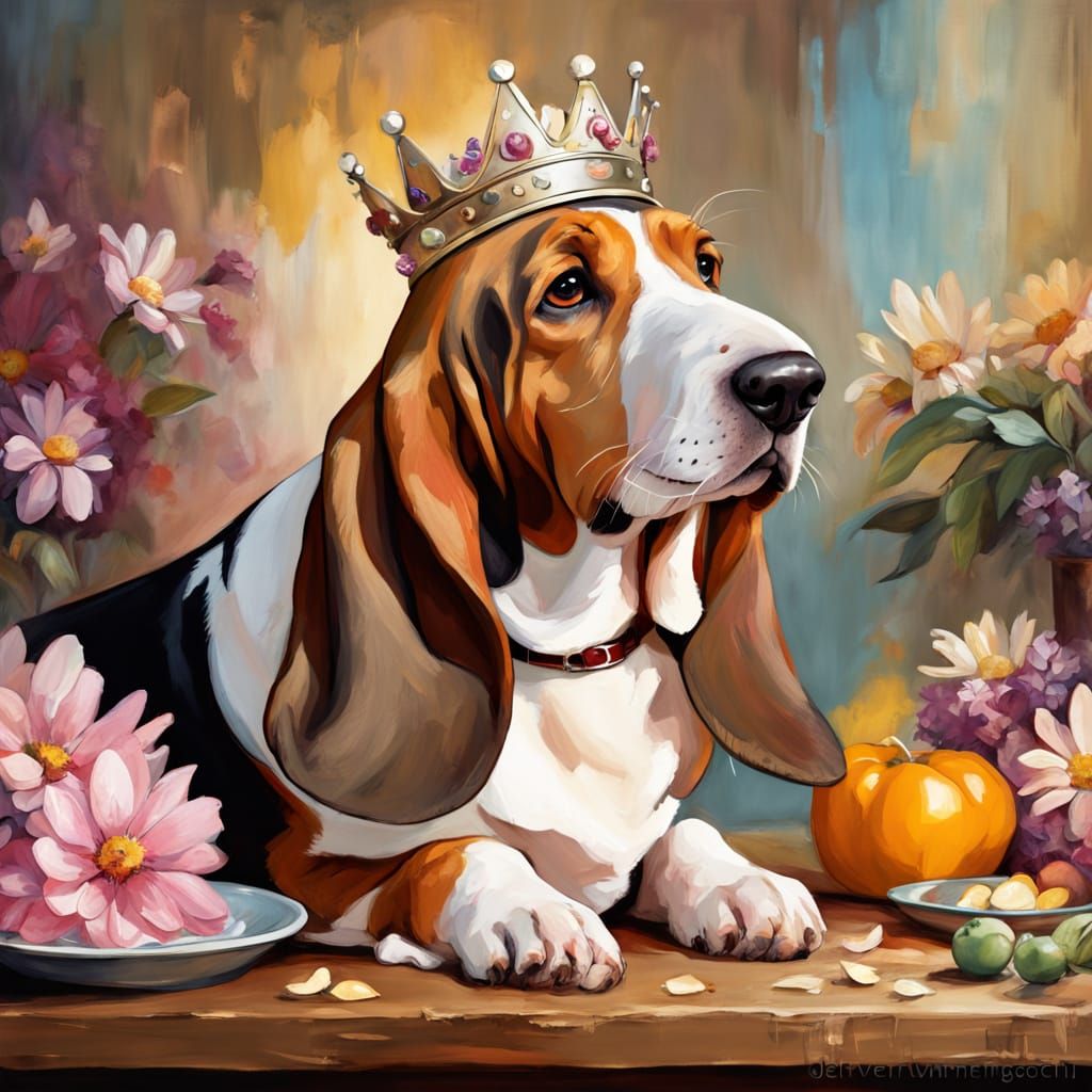 Basset Hound with Flower Crown Before Gourmet Food