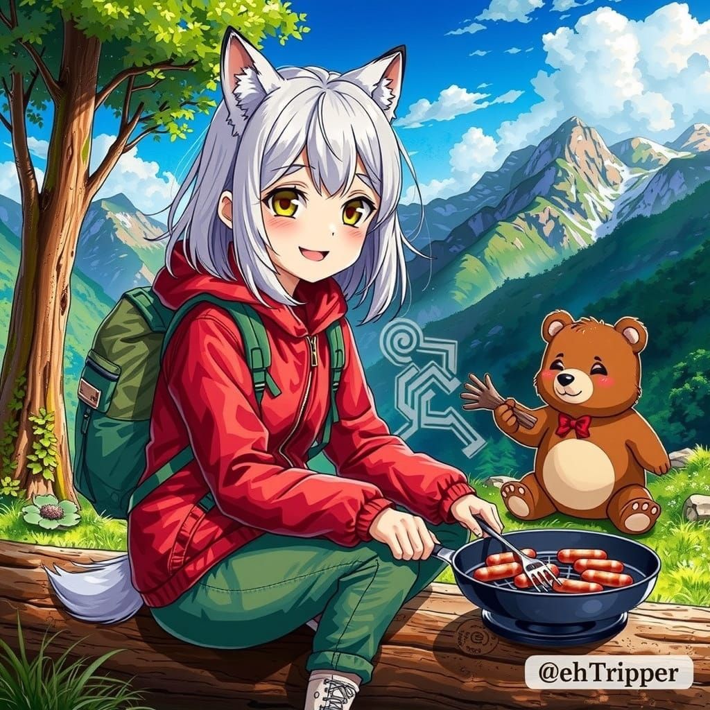 Anime Girl with Fox Ears in Mountain Scene