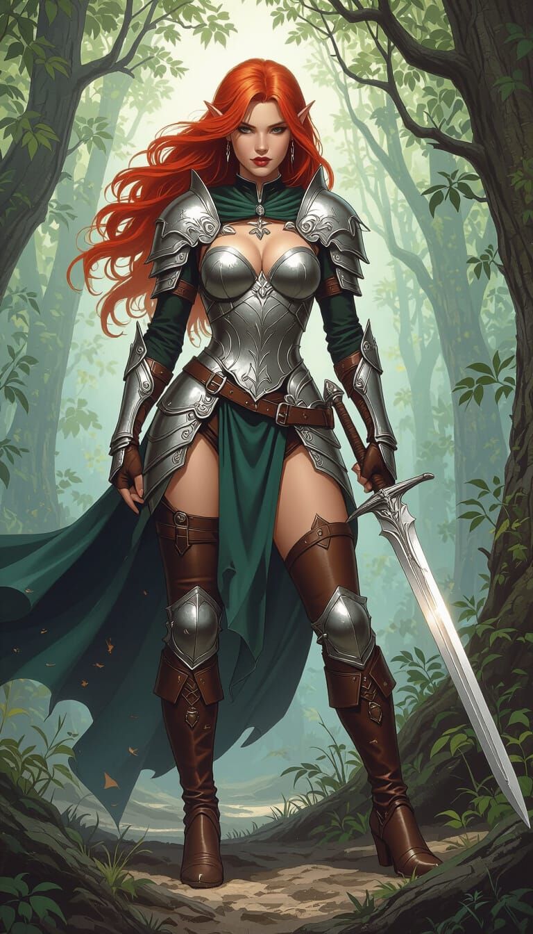 Female Elf Fighter-Cleric in Mystical Forest