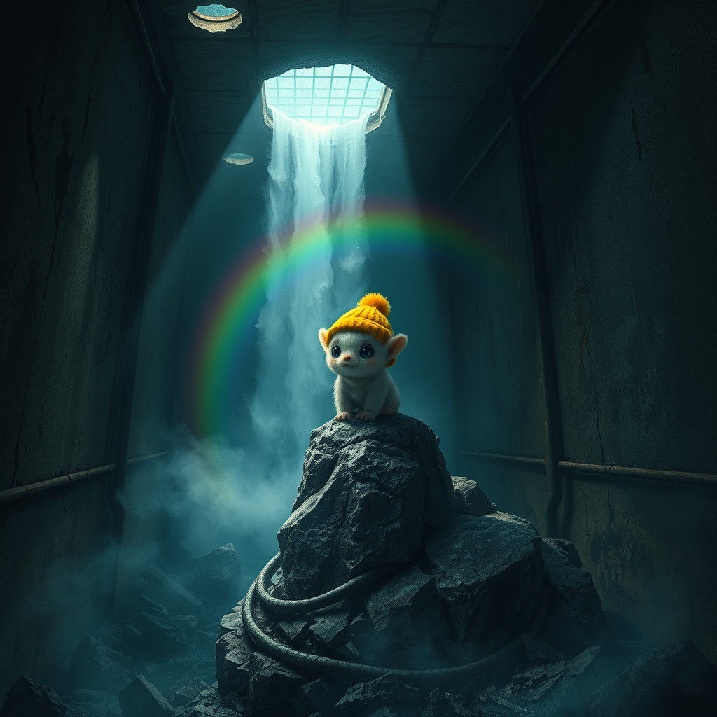 Adorable Creature in Abandoned Prison with Rainbow