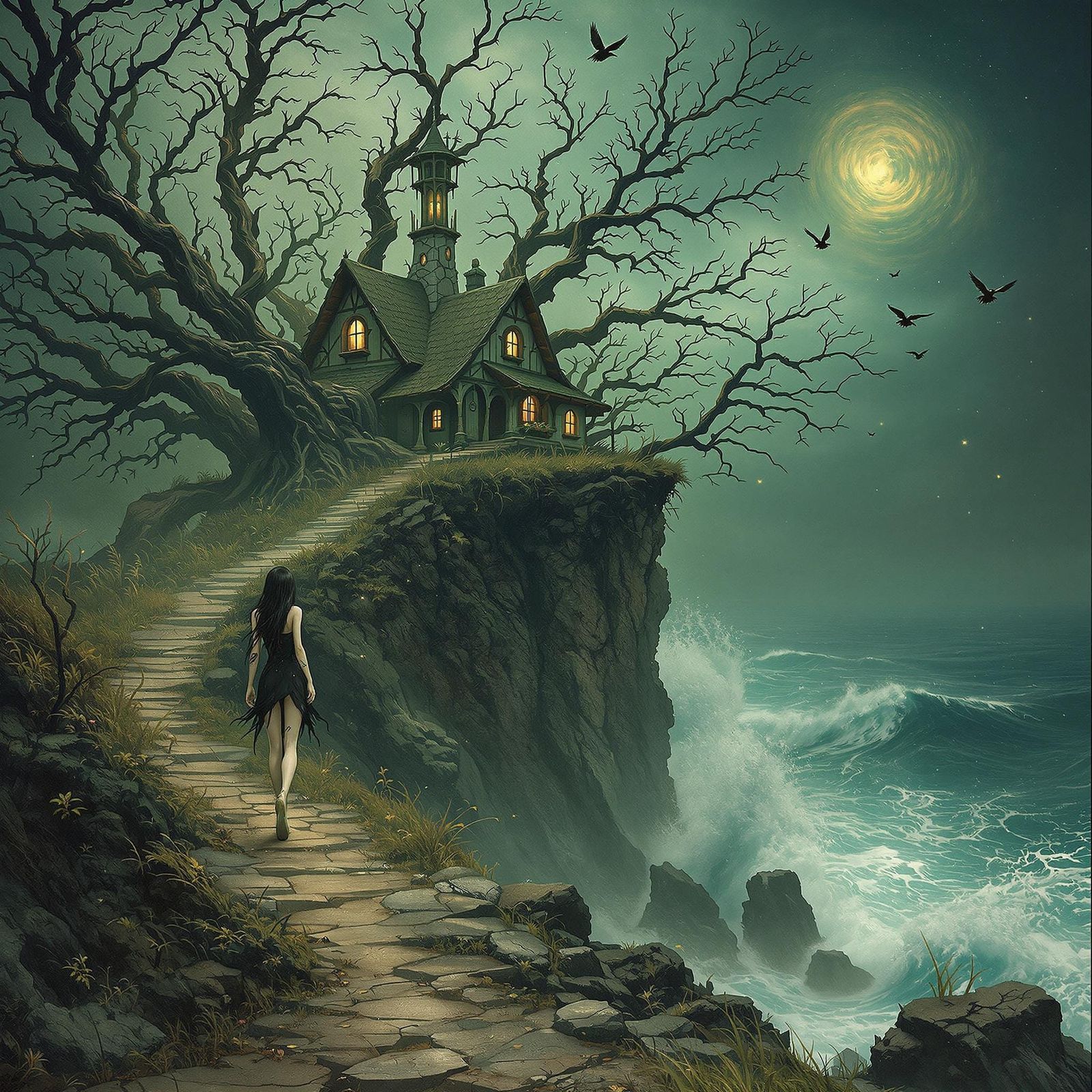 Ethereal Dreamscape with Twisted Trees and Emerald Skies