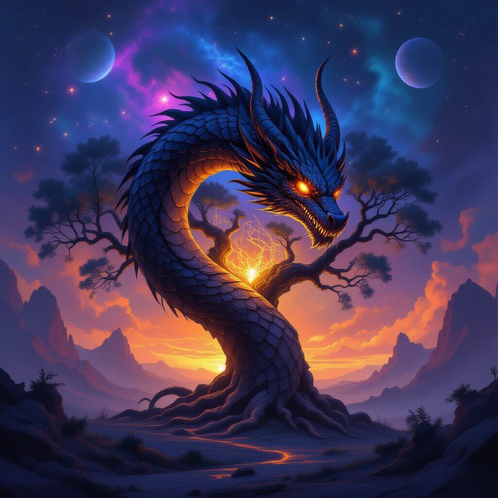 Ancient Obsidian Dragon Coiled Around Pulsing Crystal Tree i...