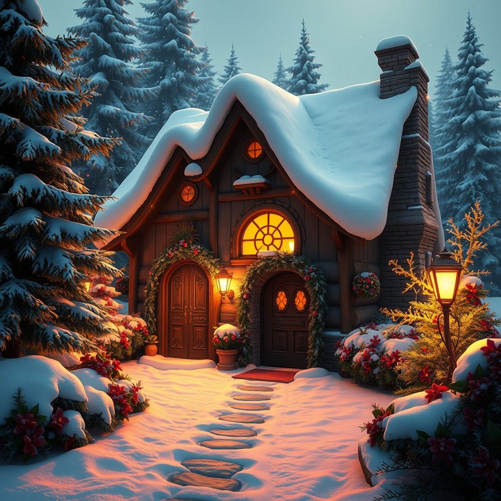 Whimsical Winter Wonderland Cottage Scene