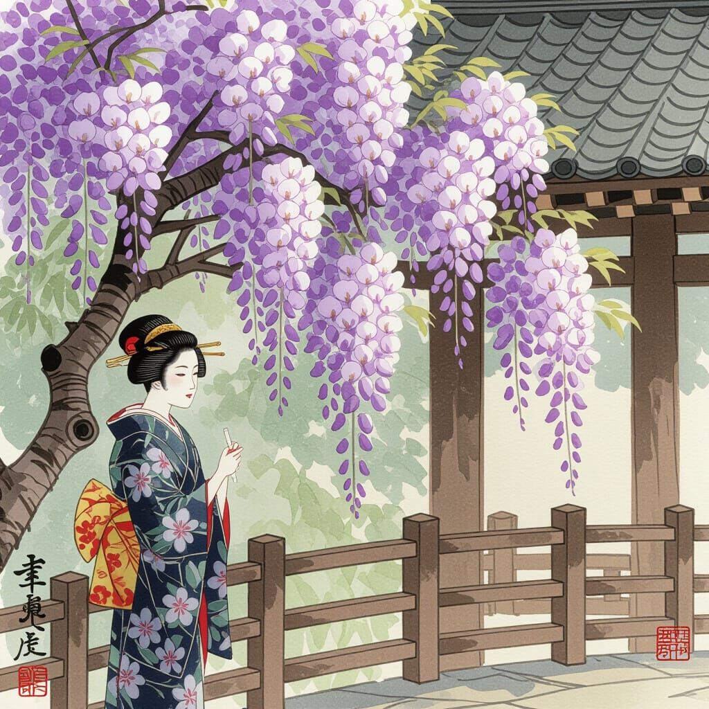 Yamato-e Wisteria Blossom in Summer Breeze