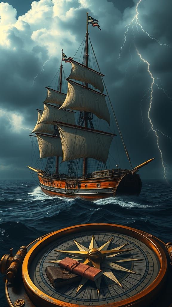 Majestic Sailing Ship Lost at Sea with Compass and Knowledge