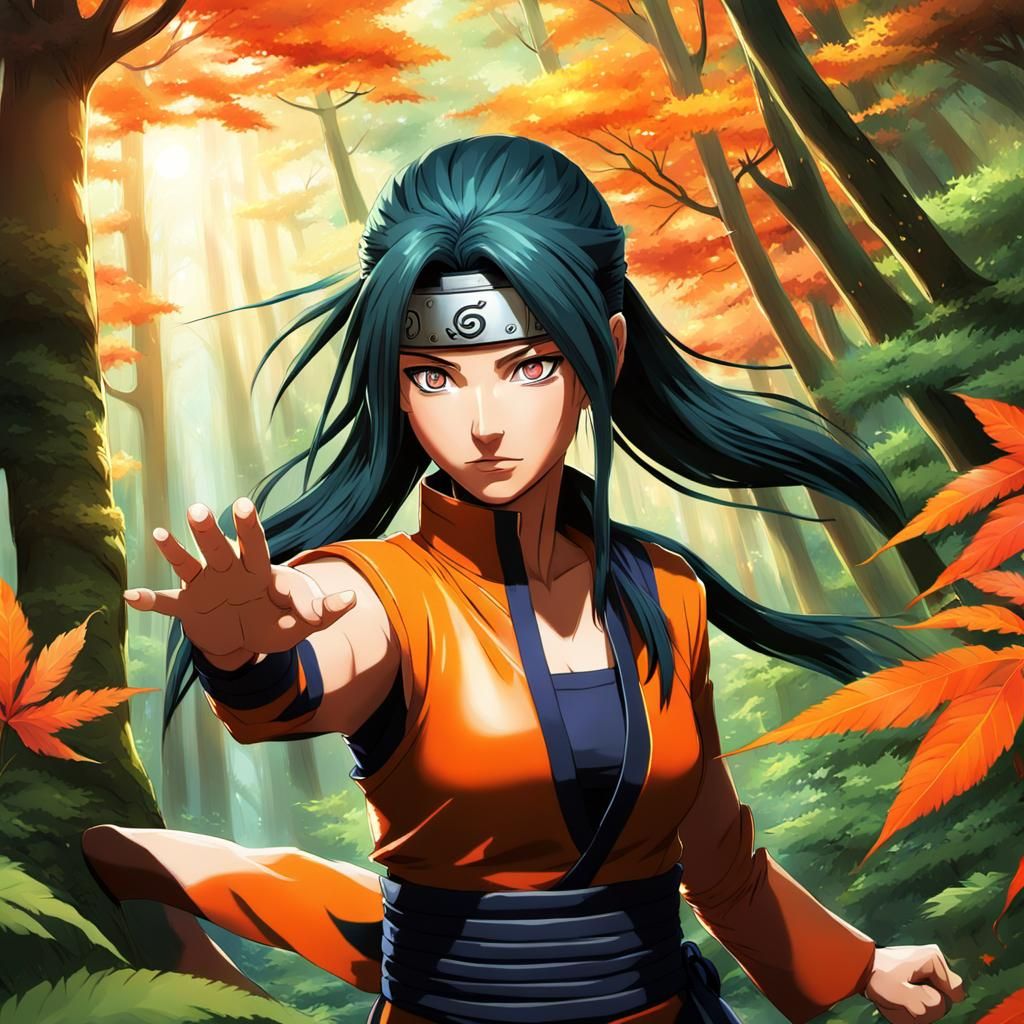 Anime Ninja Girl Powers in Forest, Digital Painting