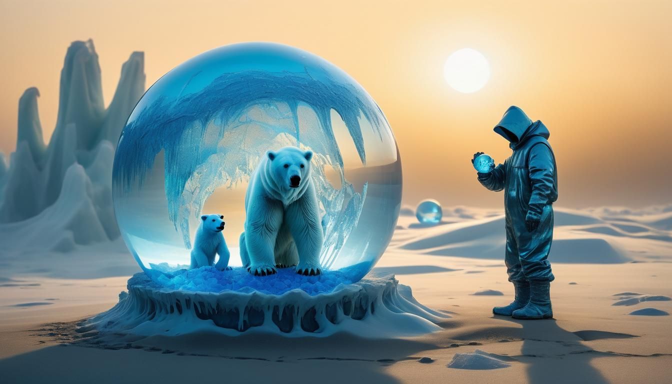 Surreal Scarecrow and Polar Bear by Glass Sphere