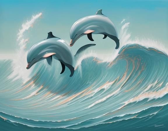 Dolphins Surfing: An Expressionist Oil Painting