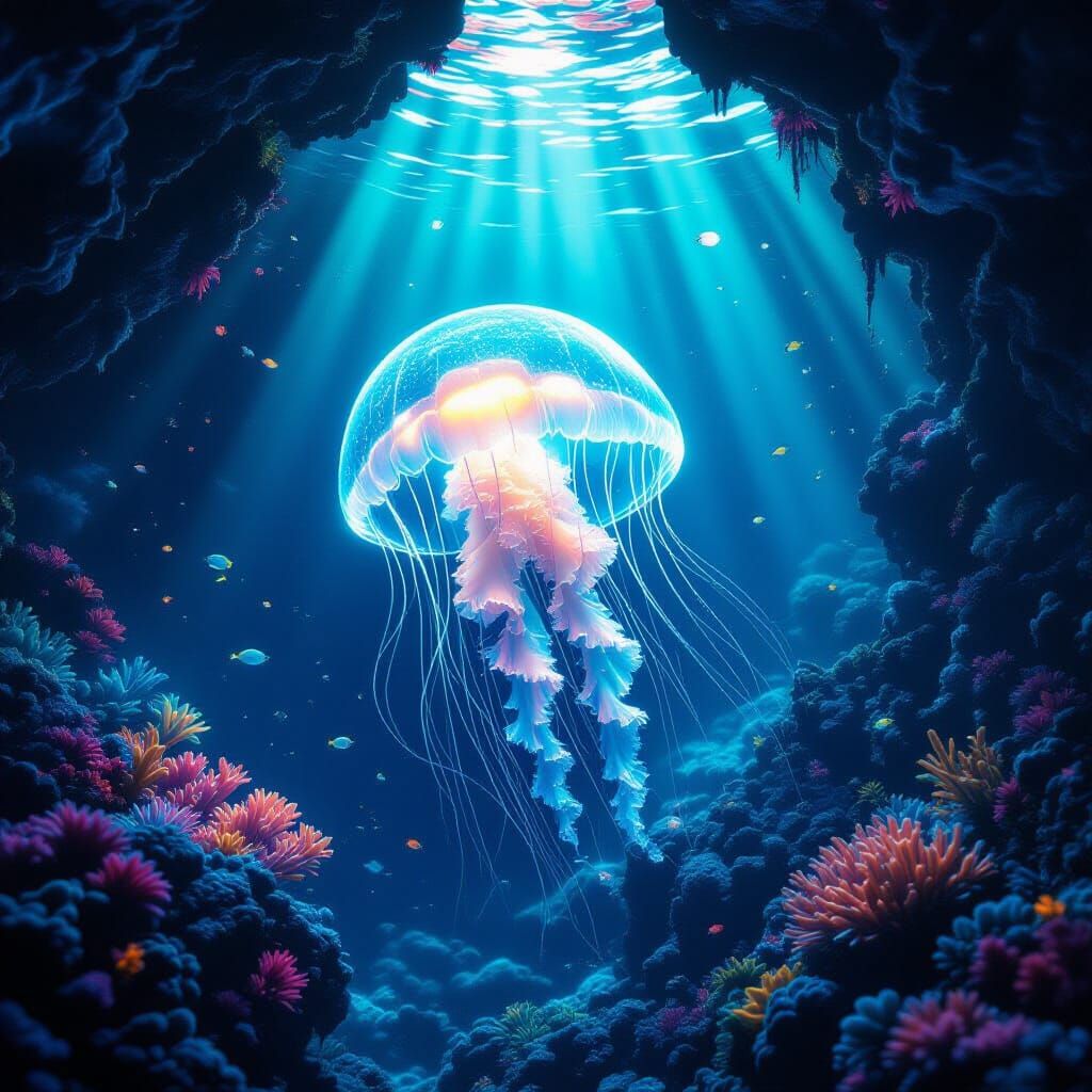 Bioluminescent Jellyfish in Underwater Cave, Dreamlike Art