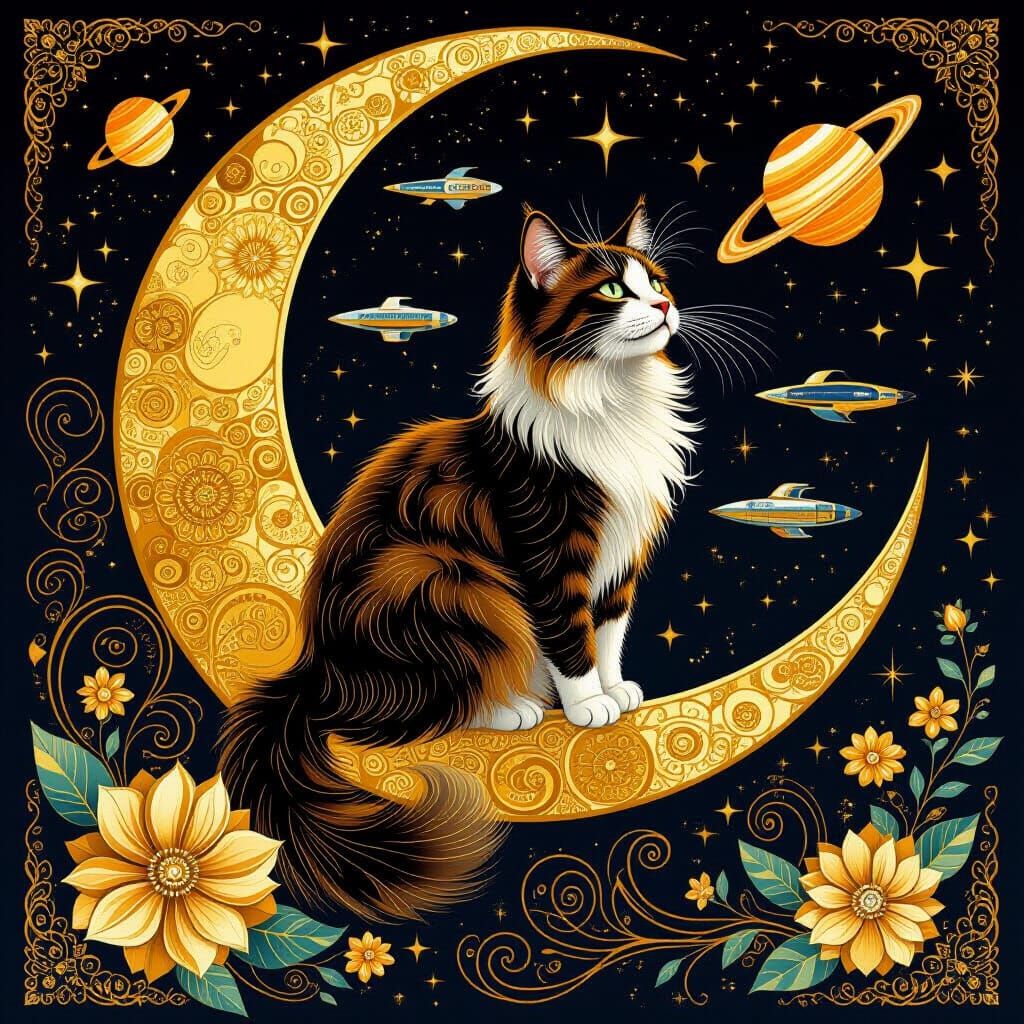 Cosmic Cats Fly to Moon in Klimt Style