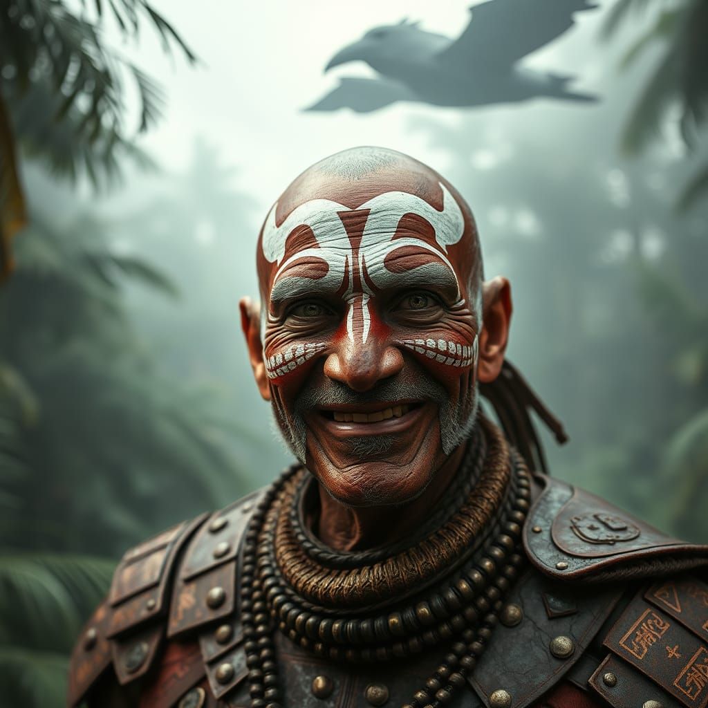 Aztec Elder in Cyberpunk Jungle Scene