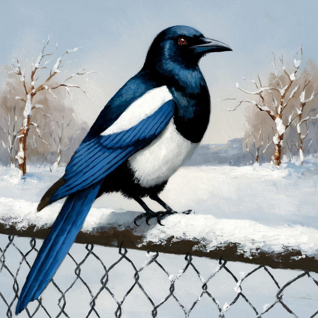 Magpie on a Snowy Fence in Impressionist Oil Style