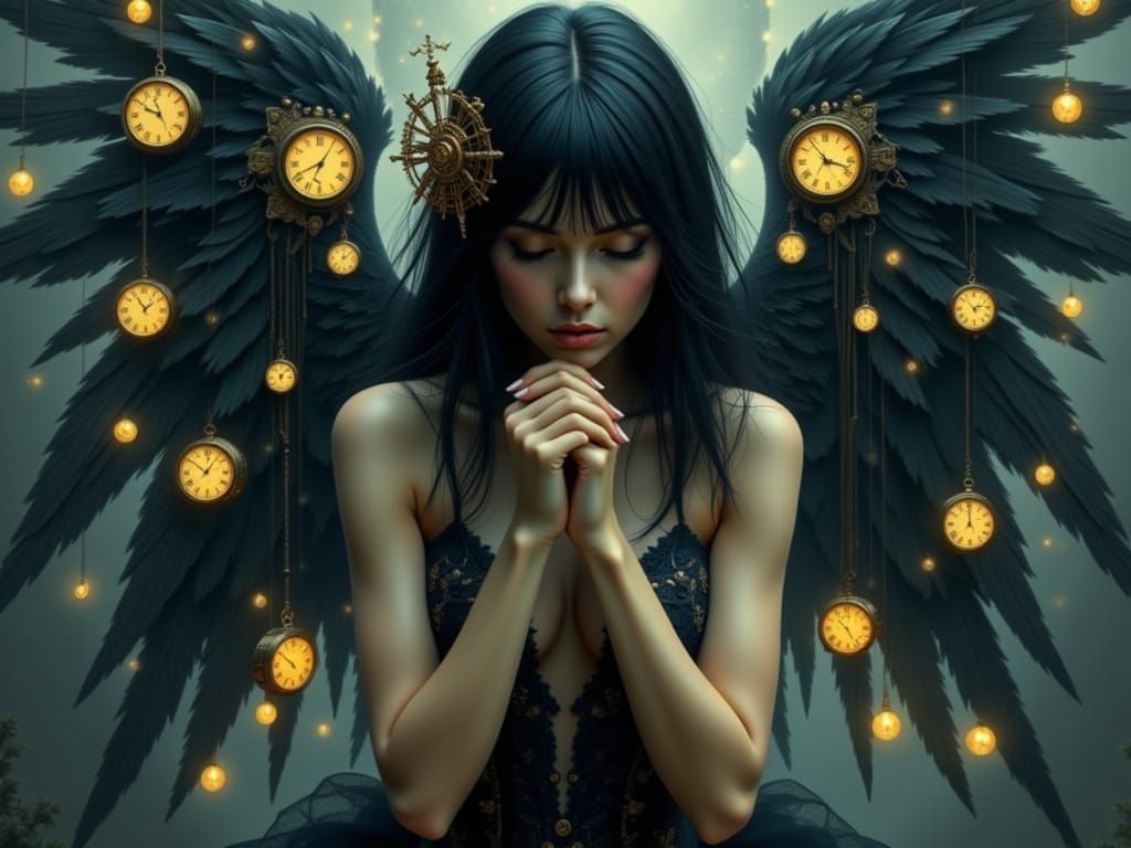 Fallen Angel with Clockwork Wings in Dystopian Scene
