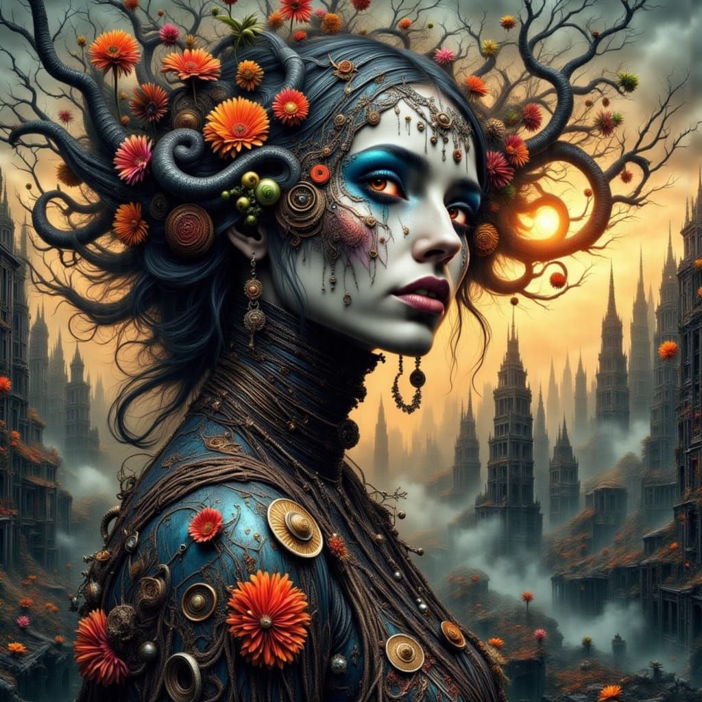 Surreal Woman Lost in Thought, Surrounded by Golden Light an...