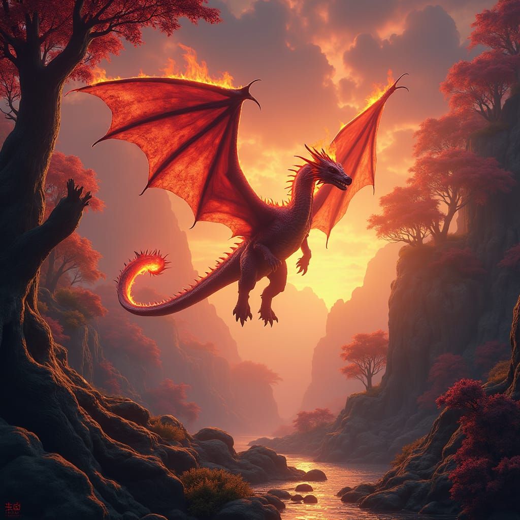 Majestic Fire Dragon Soaring Through Ancient Lands