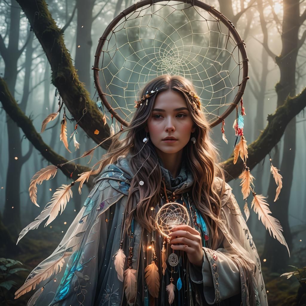 Mystical Girl with Dreamcatcher in Misty Forest