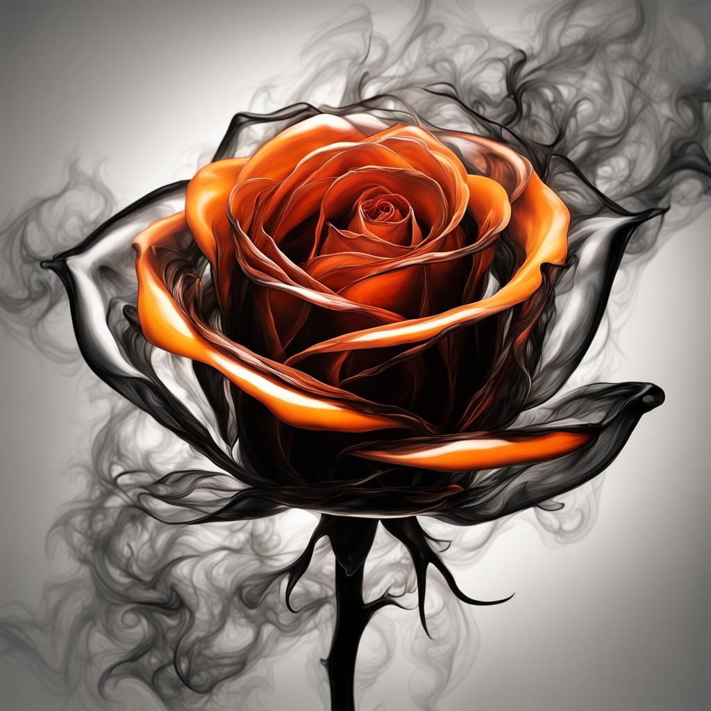 Glass Orange Rose with Fire Smoke