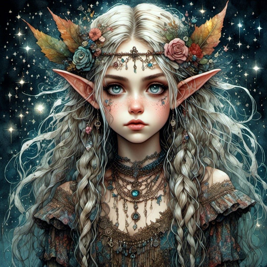 Vibrant Punk Elf in Encaustic Watercolour Style