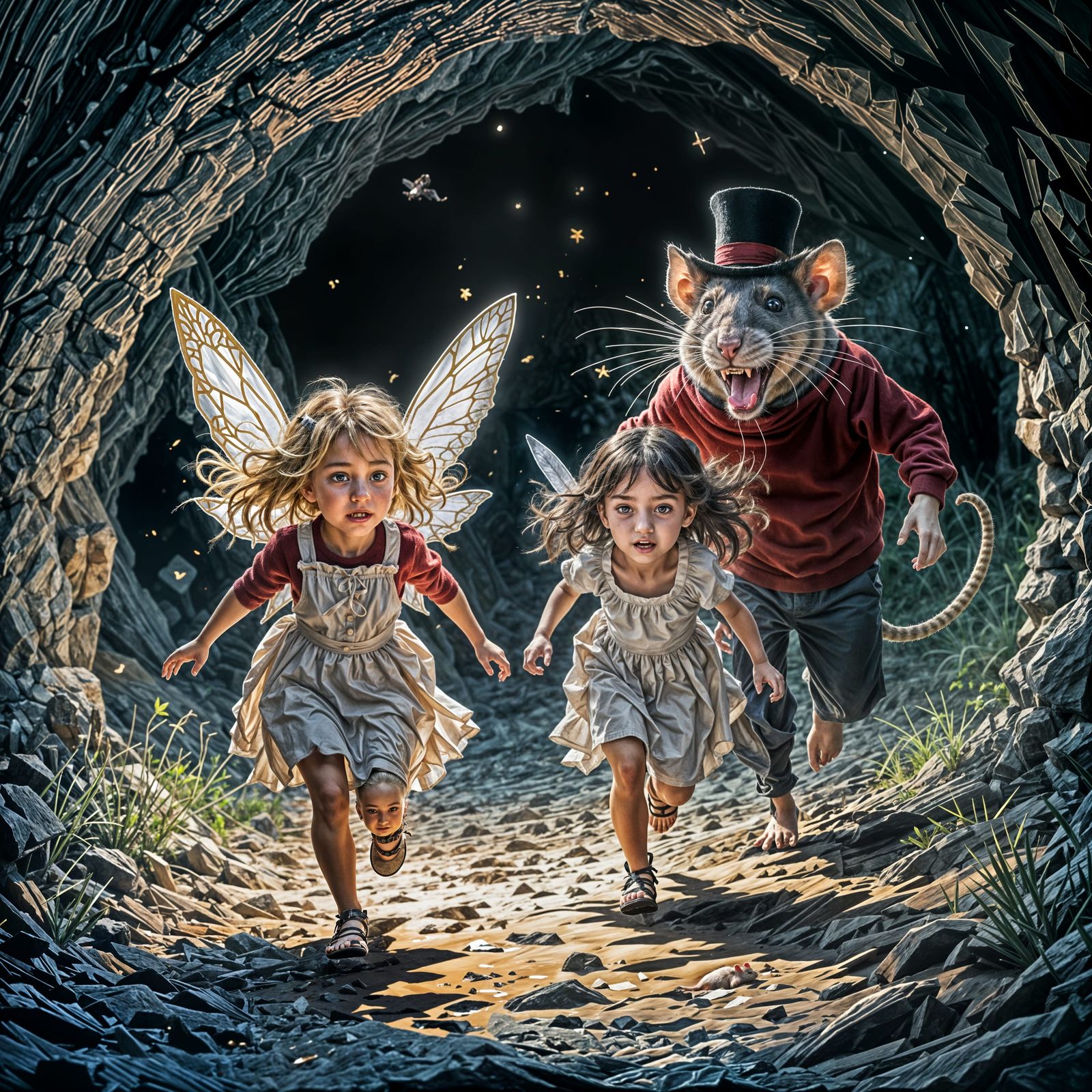 Fairy Girls Evade Giant Rat in Cave