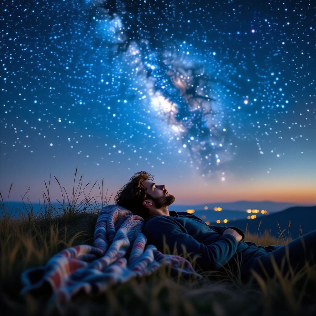 Man Contemplates Starry Sky in Photorealistic Style