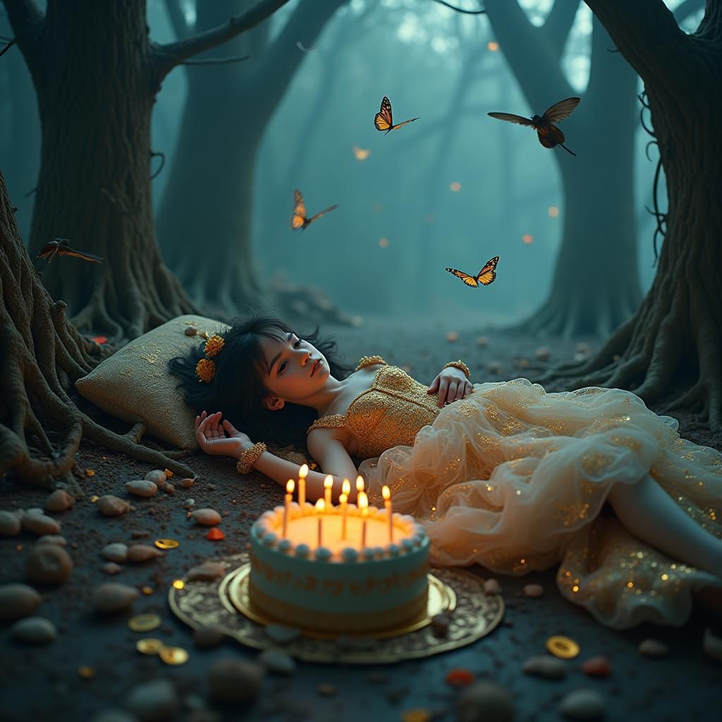 Eerie Birthday: Lifeless Girl in Fantasy Landscape