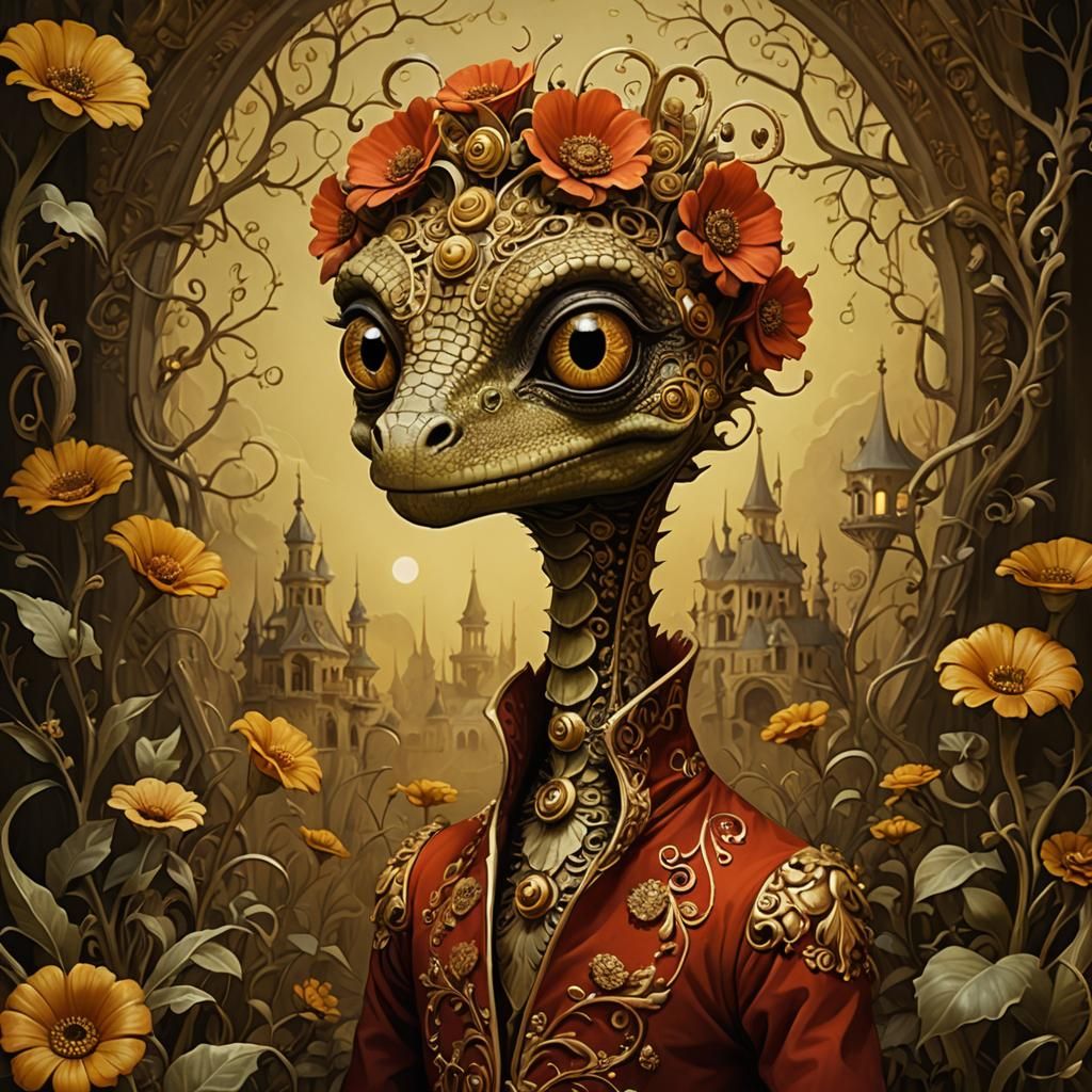 Surreal Rococo Lizard with Long Neck