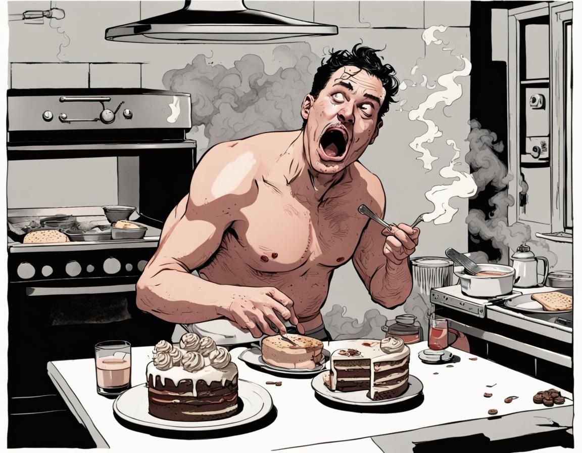 Man Eats Cake Amidst Kitchen Inferno