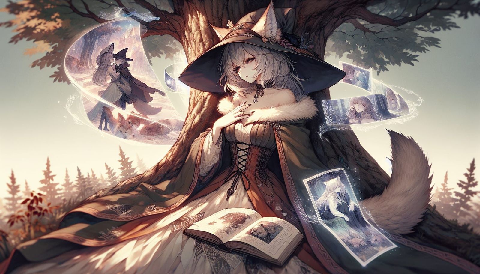 Romantic Anime Lynx Witch Under a Tree