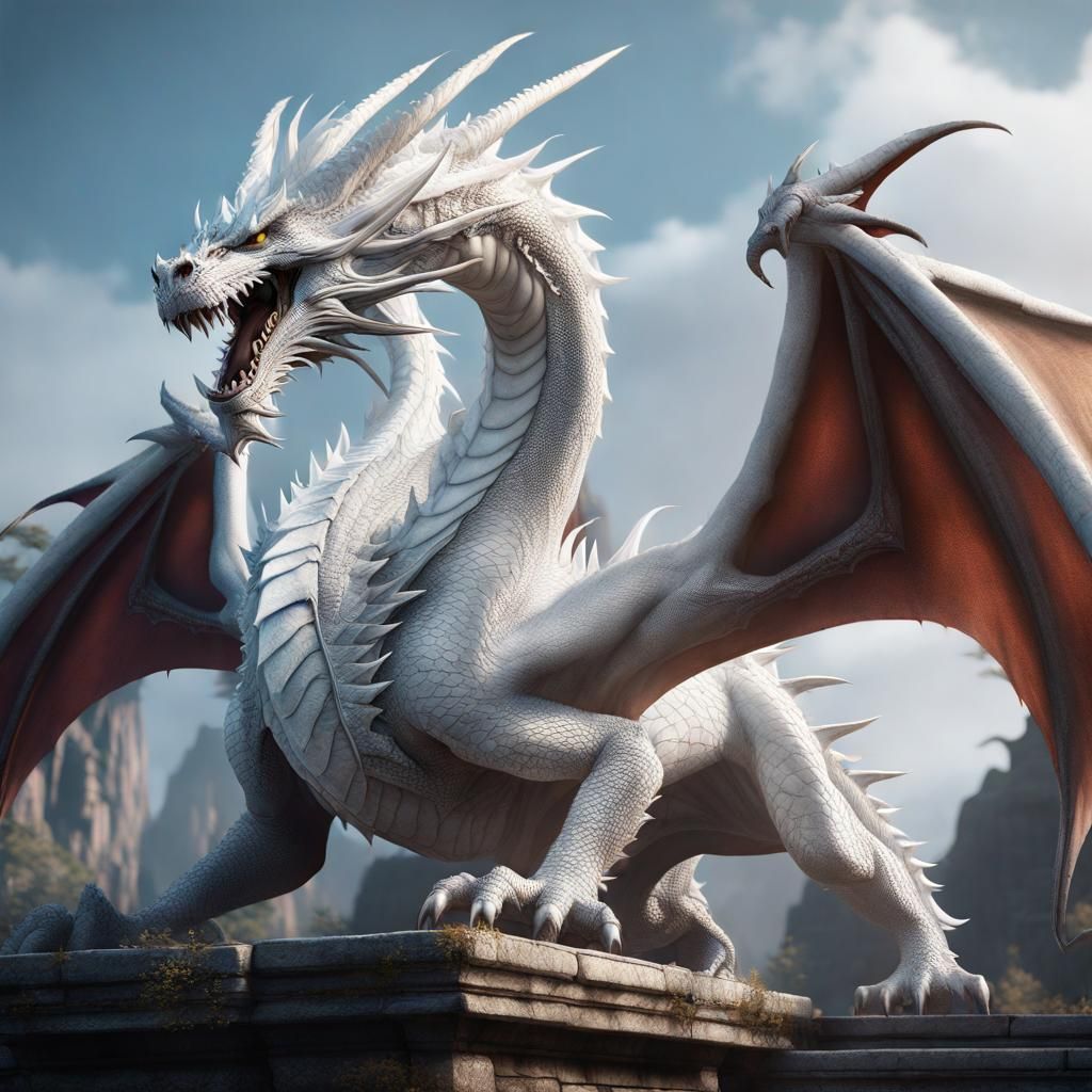 Detailed White Dragon Fantasy Concept Art