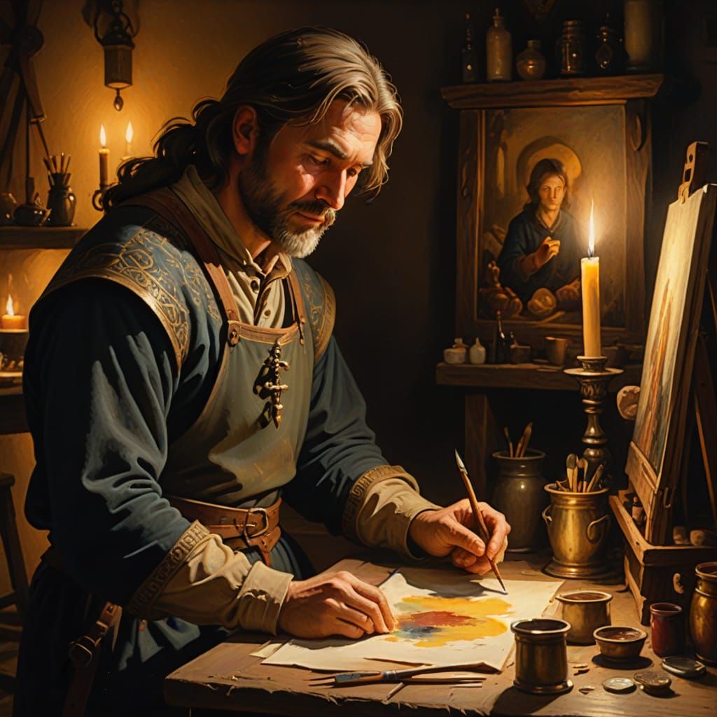 Vibrant Oil Painting in a Cozy Medieval Studio
