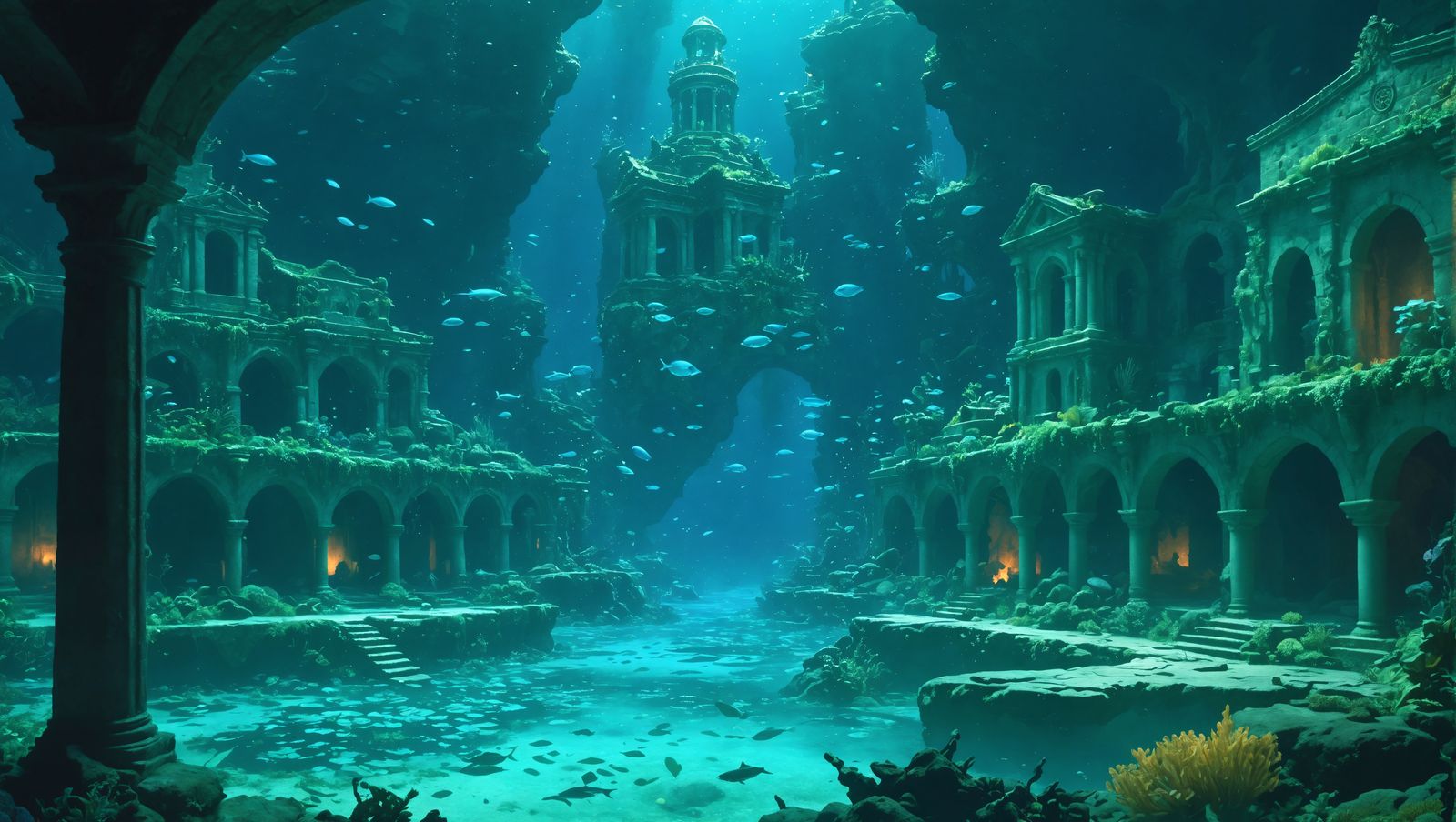Enchanting Underwater City in Soft Bioluminescent Glow