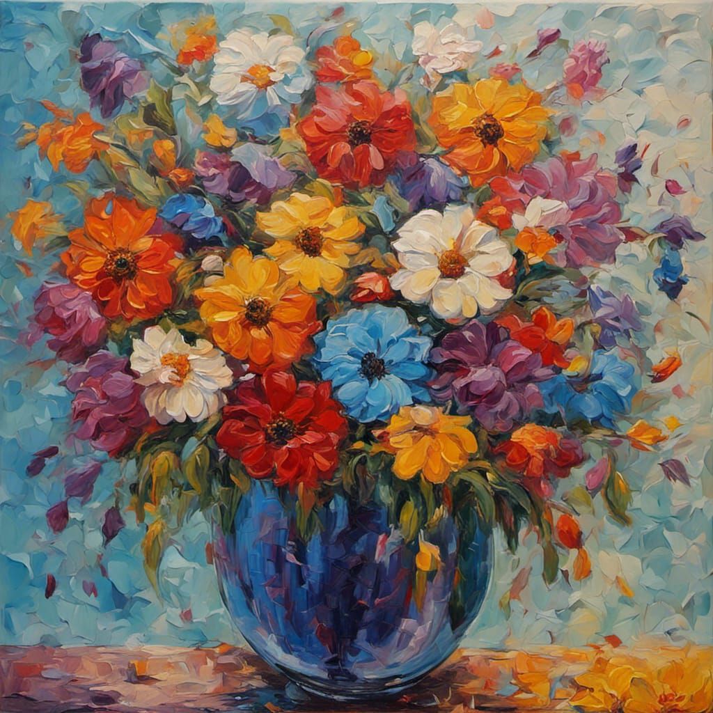 Colorful Flower Vase in Expressionist Oil Painting