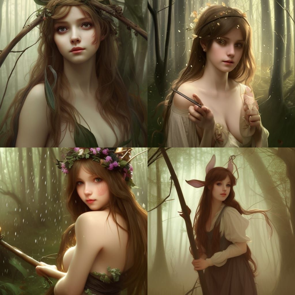 Cute Bunny Witch in Magical Forest, Digital Art