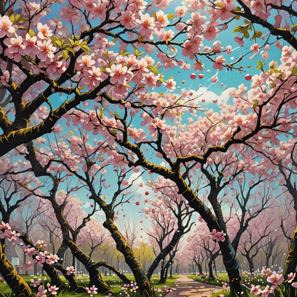 Cherry Orchard in Bloom: Graffiti Art Style
