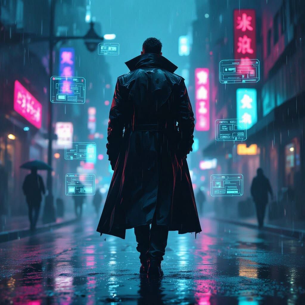 Cyberpunk Detective Investigates Crime Scene in Neon City