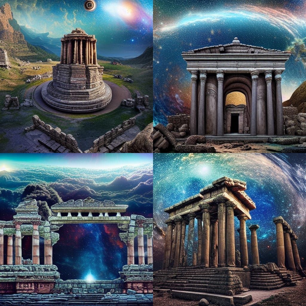 Ancient Temple Ruins Under Cosmic Sky