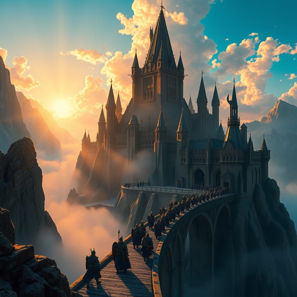 Epic Mountain Fortress at Sunrise, Majestic Castle Spires an...