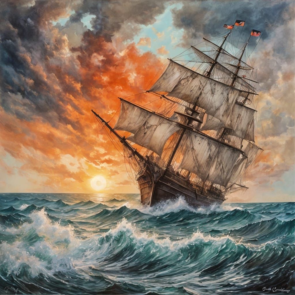 Painting of a pirate ship in a stormy sea...
