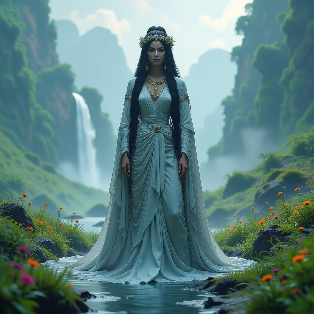 Waterfall Goddess Statue in Mist-Shrouded Valley