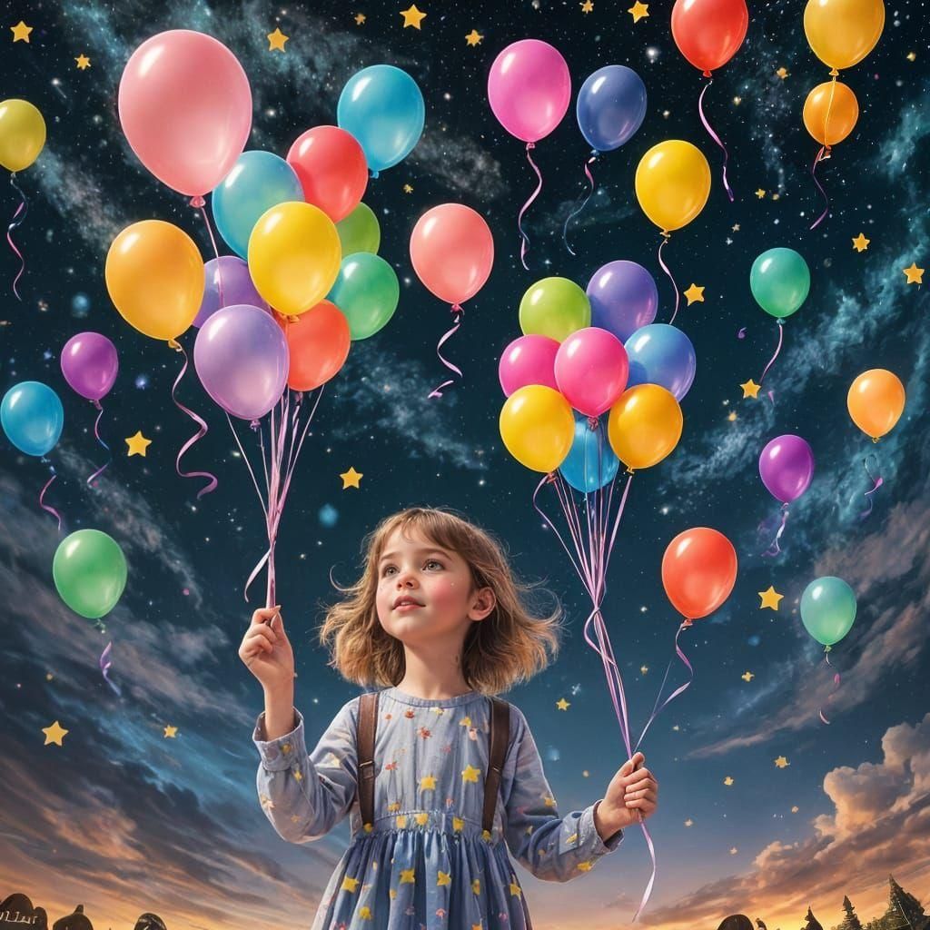 Girl with Balloons in Starry Galaxy Night