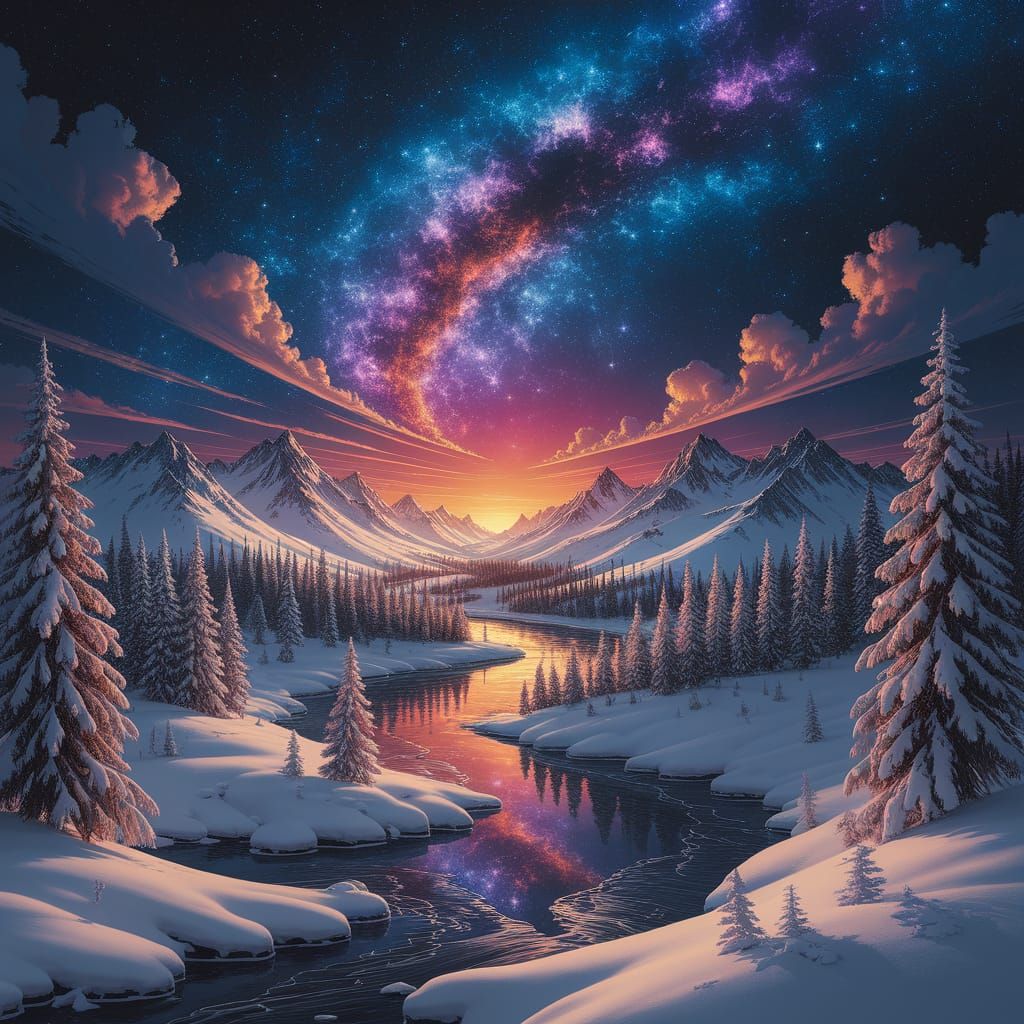 Serene Winter Wonderland Under Starry Night Sky