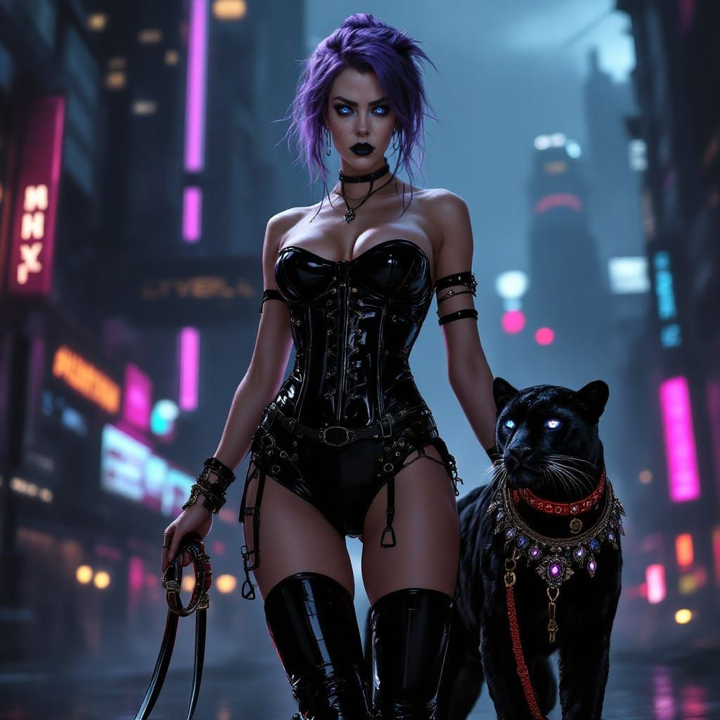 Glamorous Cyberpunk Female in Neon Cityscape