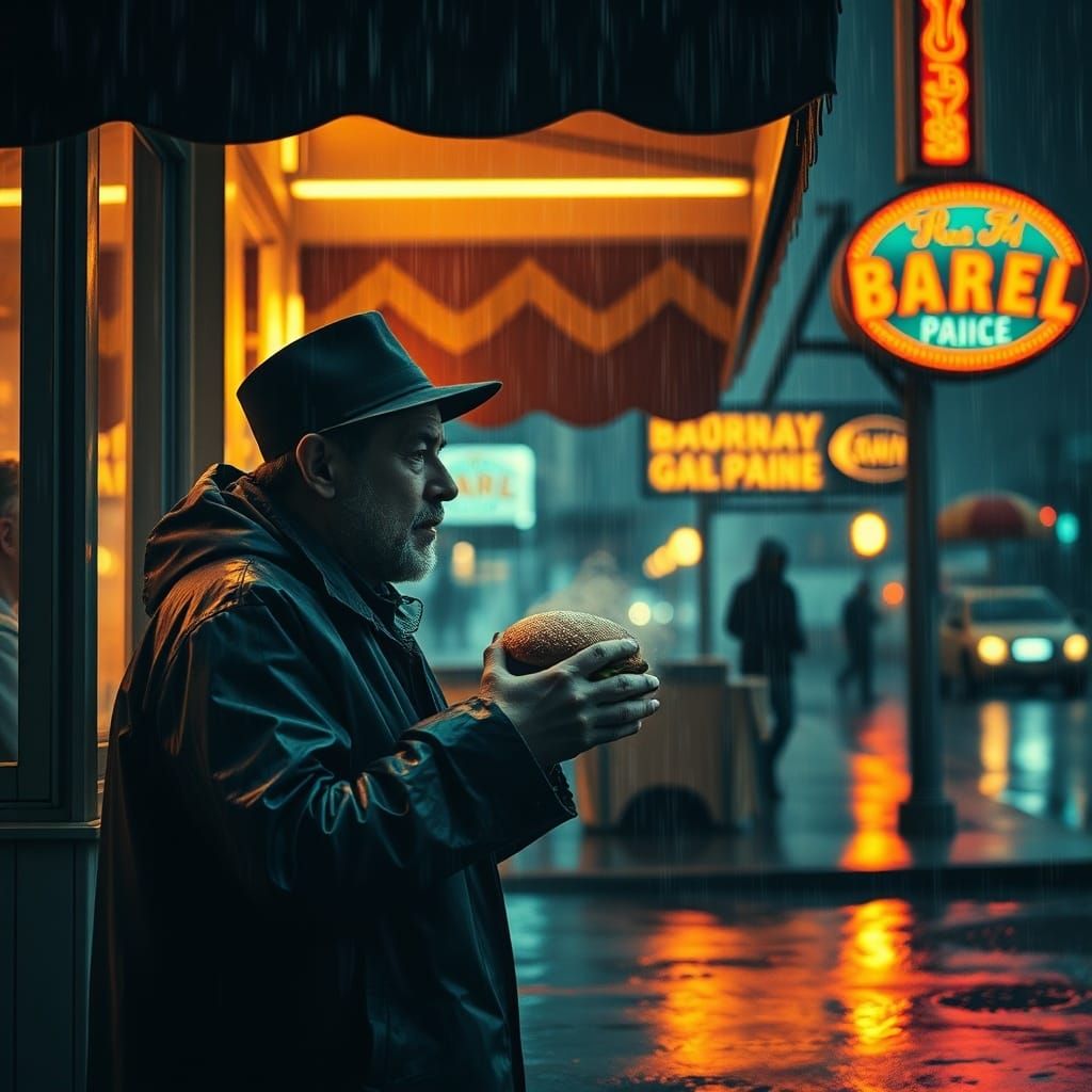 Neon City Diner: Man Savoring Burger in Rain