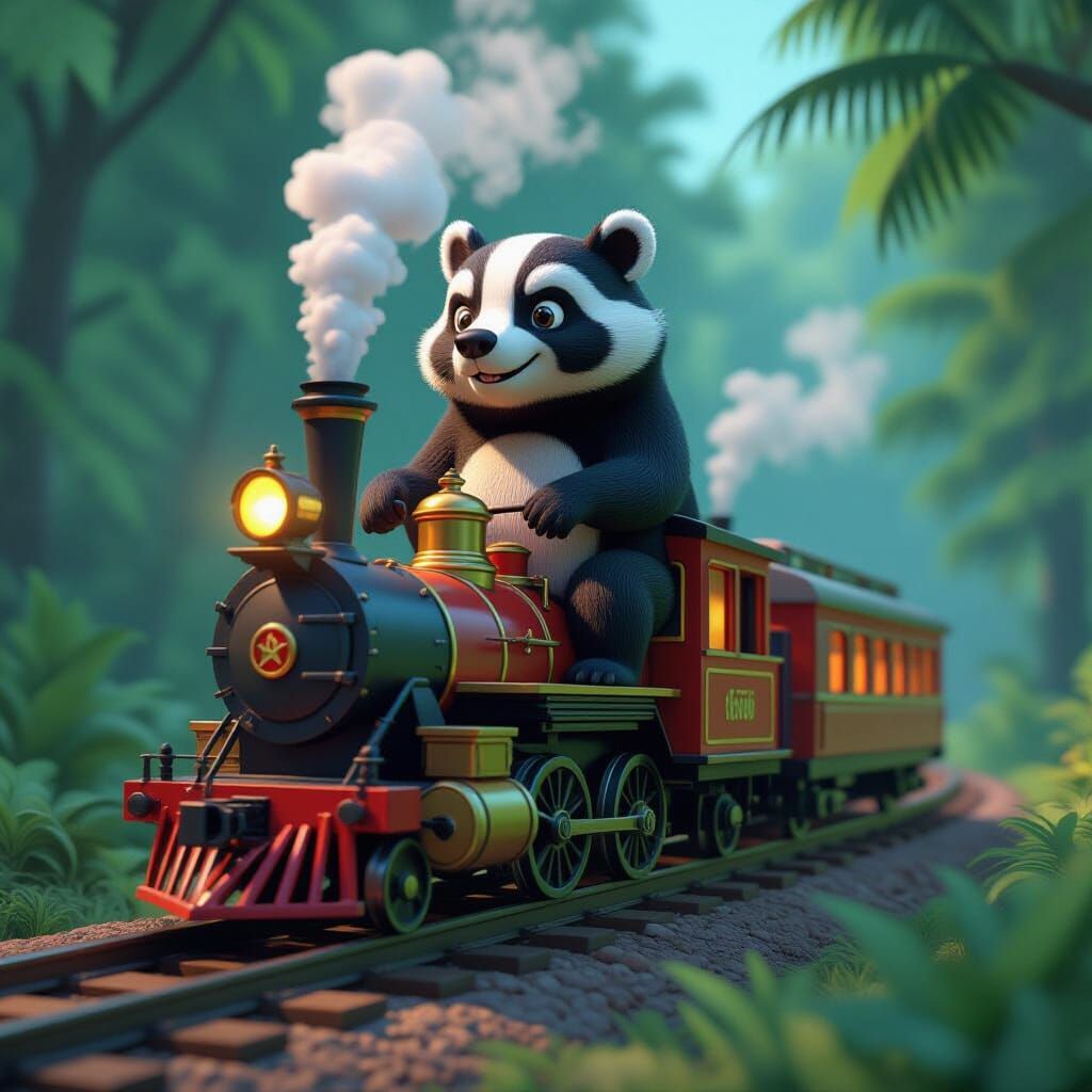 Booger Tiki Badger Rides Train in Surreal 3D Art